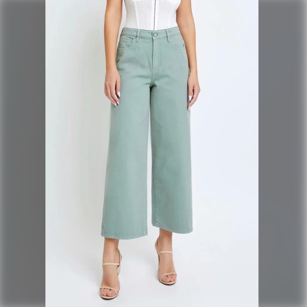 High-Rise Wide Leg Cropped Jeans in Sage Green - Women's